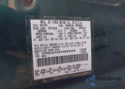 1997 Ford Explorer Eddie Bauer/Limited/Xl/Xlt from USA, damaged, VIN 1FMDU34E8VZB33665